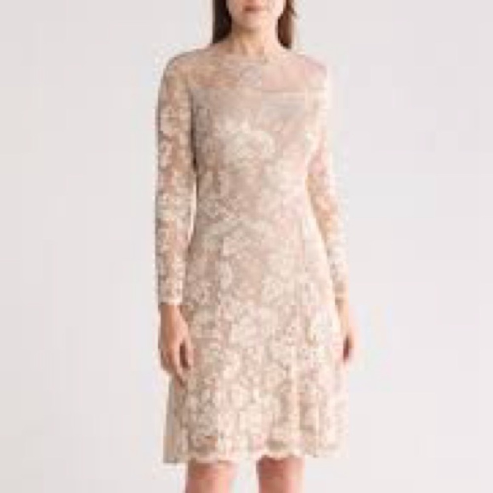 Marina Beige Lace Cocktail Dress With 3/4 Sleeve, Jewel-Neckline and Zipper Back